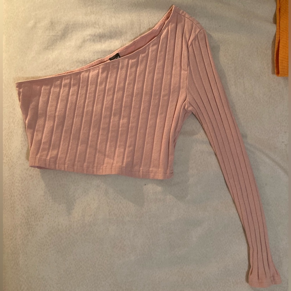 One shoulder baby pink rib- knit crop top